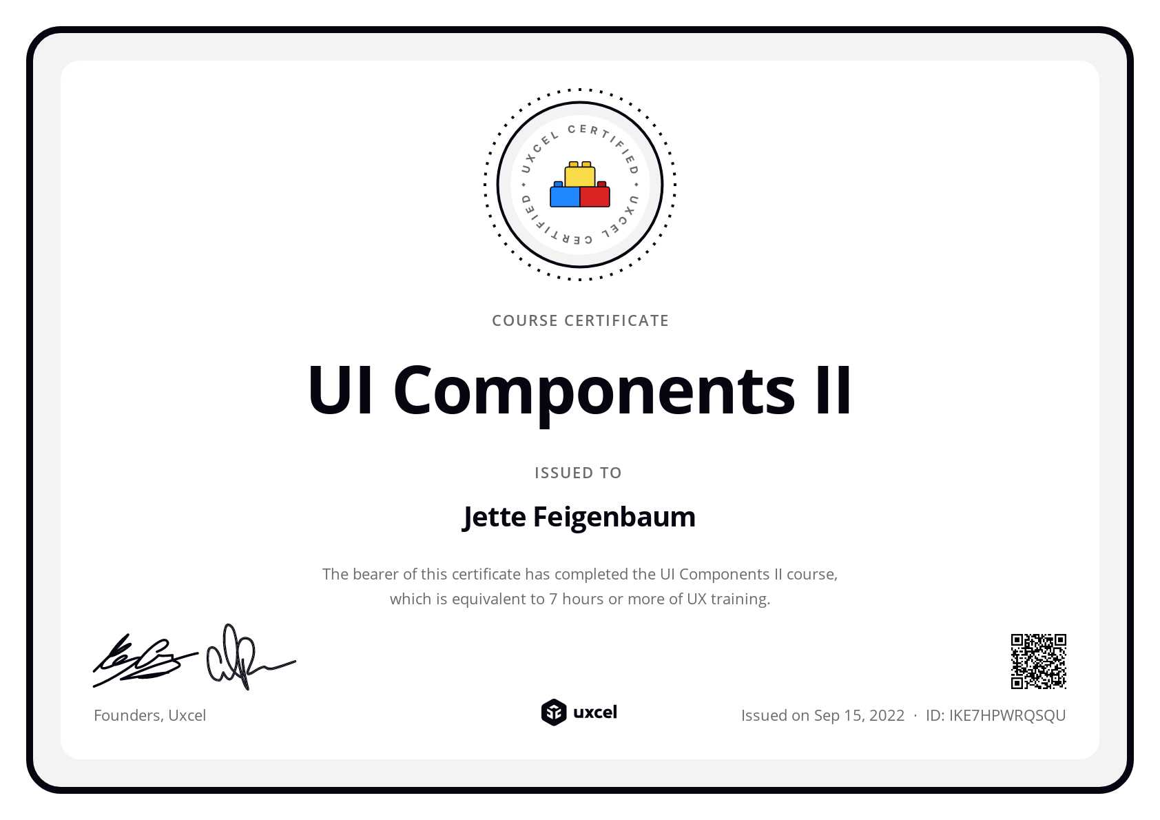 Jette Feigenbaum's certificate